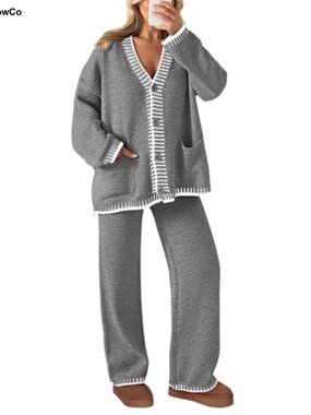 2 Piece Knit Lounge Set, Cardigan Sweater with Pockets, Wide Leg Pants